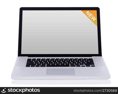 Brand new white laptop with black keys on a white isolated background