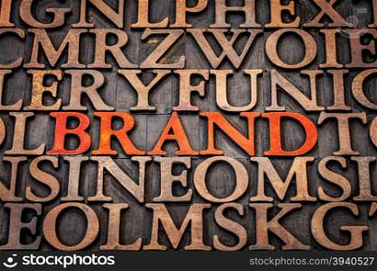 brand word abstract in wood type printing blocks stained by red ink