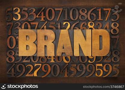 brand word in vintage letterpress wood type against number background