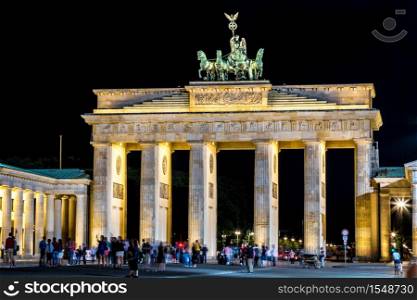 Brandenburg gate, Berlin, Germany at night. Road side view