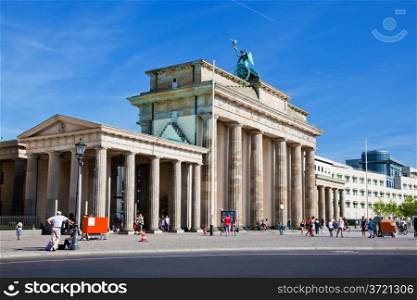 Brandenburg Gate. German Brandenburger Tor in Berlin, Germany. Sunny blue sky