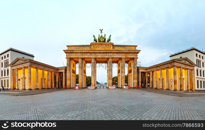 Brandenburg gate panorama in Berlin, Germany in the morning