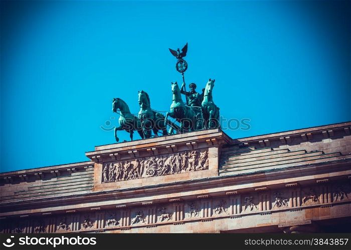 Brandenburg Tor detail. Berlin, Germany. Victory and Fame often are depicted as the triumphant woman driving the chariot.