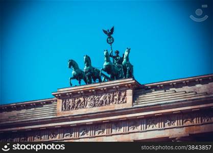 Brandenburg Tor detail. Berlin, Germany. Victory and Fame often are depicted as the triumphant woman driving the chariot.