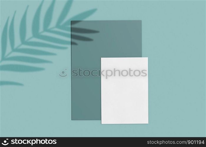 Branding identity mockup of blank business card and paper natural lighting overlay shadows, minimal layout with organic and botanical style