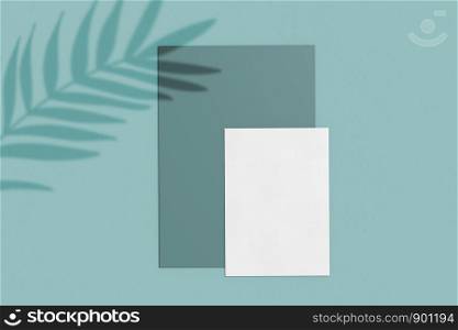 Branding identity mockup of blank business card and paper natural lighting overlay shadows, minimal layout with organic and botanical style