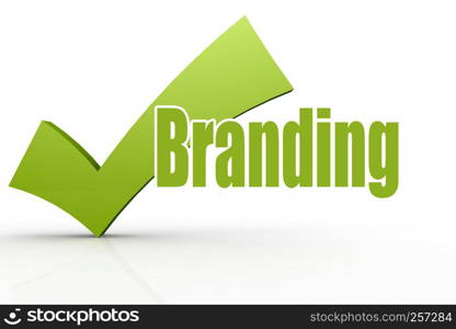 Branding word with green checkmark, 3D rendering