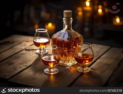 Brandy cognac decanter with glasses on table with candles background.AI Generative