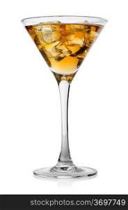 Brandy with ice in a glass isolated on a white background