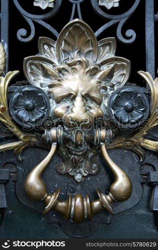 brass brown knocker in a closed green wood door buenos aires argentina&#xA;