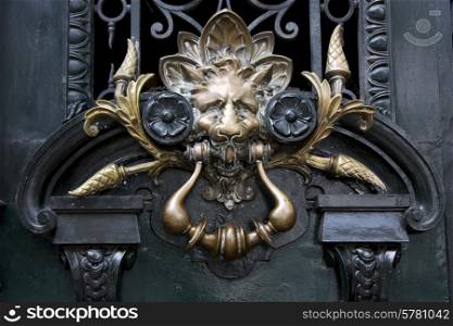 brass brown knocker in a closed green wood door buenos aires argentina&#xA;