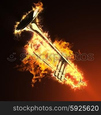 brass trumpet in fire