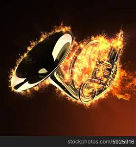 brass trumpet in fire