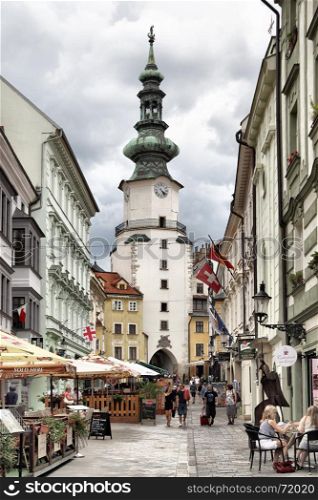BRATISLAVA, SLOVAKIA - JUNE 25, 2014: Old street near Michael's Tower (Michalska Brana)
