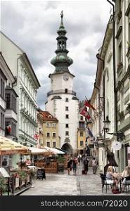 BRATISLAVA, SLOVAKIA - JUNE 25, 2014: Old street near Michael's Tower (Michalska Brana)