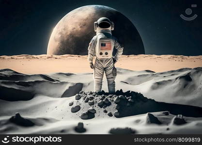 Brave astronaut at the spacewalk on the moon. Neural network AI generated art. Brave astronaut at the spacewalk on the moon. Neural network AI generated