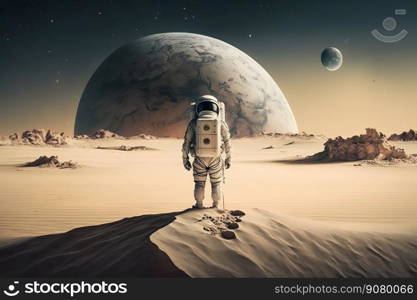 Brave astronaut at the spacewalk on the moon. Neural network AI generated art. Brave astronaut at the spacewalk on the moon. Neural network AI generated