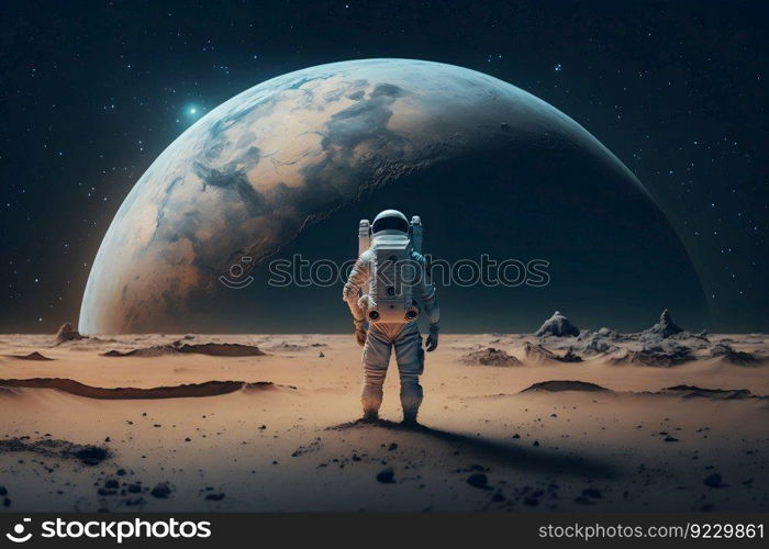 Brave astronaut at the spacewalk on the moon. Neural network AI generated art. Brave astronaut at the spacewalk on the moon. Neural network AI generated