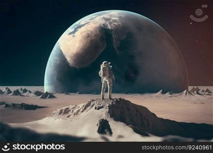 Brave astronaut at the spacewalk on the moon. Neural network AI generated art. Brave astronaut at the spacewalk on the moon. Neural network AI generated