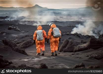 Brave volcanologists in fire-protective suits navigate a dangerous, otherworldly terrain in their quest to study the power of an active volcano. Generative AI. Volcanologists in fire-protective suits exploring volcanic landscape