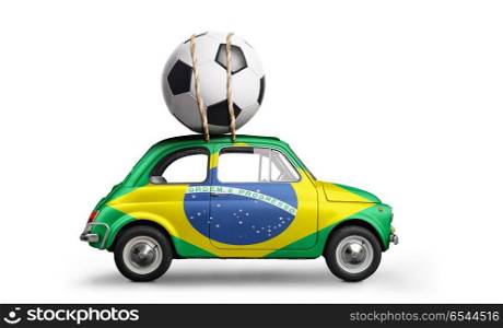 Brazil football car. Brazil flag on car delivering soccer or football ball isolated on white background