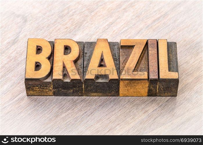 Brazil word in vintage letterpress wood type against grained wood