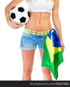 Brazilian football team supporter, body part, sexy woman with perfect body holding ball and Brazil national flag isolated on white background, world cup concept