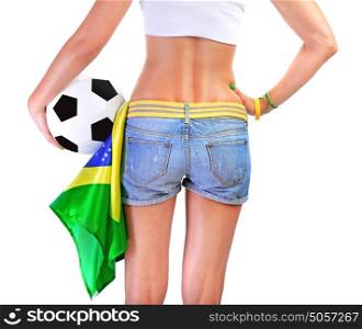 Brazilian football team supporter, rear view of sexy woman holding ball and Brazil flag isolated on white background, body part, world cup concept