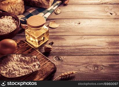 bread and bakery products. bread and bakery products on wood background