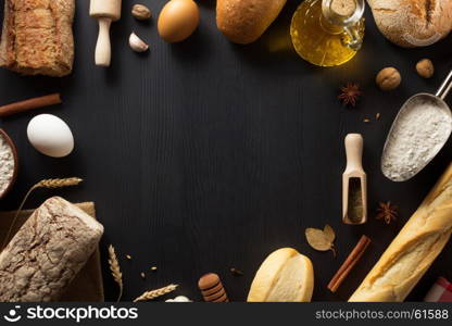 bread and bakery products on wooden background