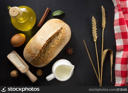 bread and bakery products on wooden background