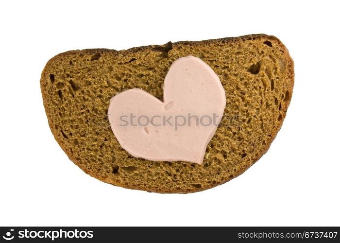 Bread and heart shaped sausage. Isolated on white