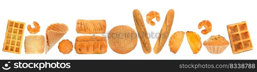 Bread and other baked goods isolated on white background.