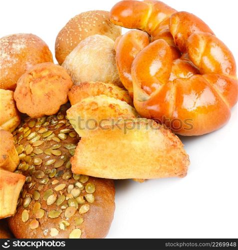 Bread and sweet pastries isolated on white background.