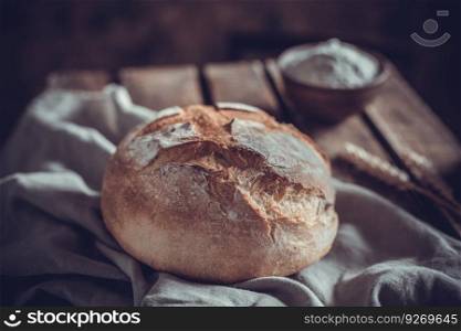 Bread and wheat flour powder with cloth napkin on table. Homemade bread at wooden tabletop as baking concept
