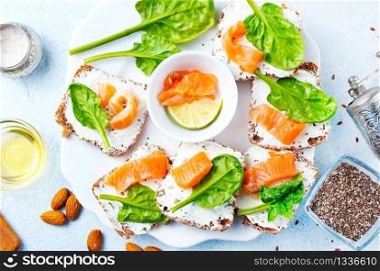 bread, cheese, salmon for breakfast on a table