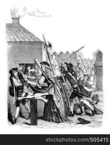 Bread distribution at the Louvre during the 1709 famine, vintage engraved illustration. Magasin Pittoresque 1842.