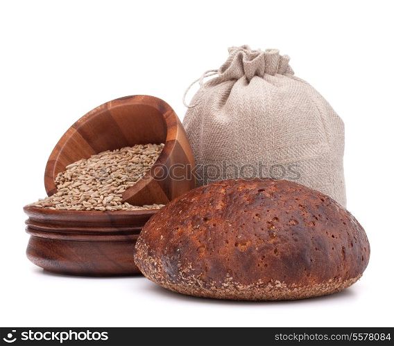 Bread, flour sack and grain isolated on white background cutout