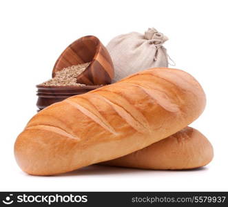 Bread, flour sack and grain isolated on white background cutout