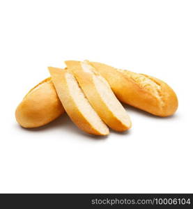 Bread french baguette with slices isolated on white background. Top view. Bread french baguette with slices