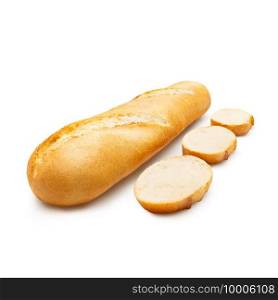 Bread french baguette with slices isolated on white background. Top view. Bread french baguette with slices