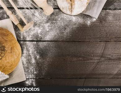 bread kitchen tools dusted with flour wooden plank. High resolution photo. bread kitchen tools dusted with flour wooden plank. High quality photo