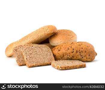 Bread loafs and buns variety isolated on white background