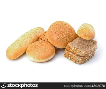 Bread loafs and buns variety isolated on white background