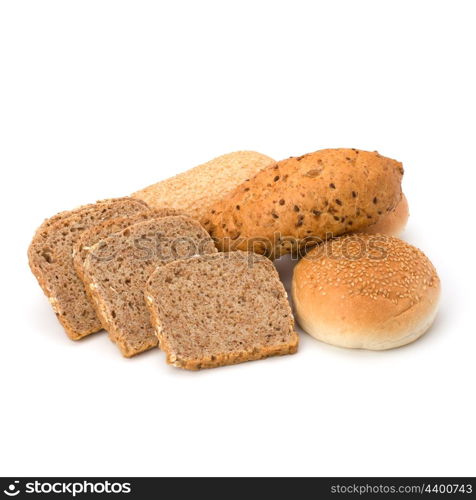 Bread loafs and buns variety isolated on white background