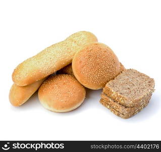 Bread loafs and buns variety isolated on white background