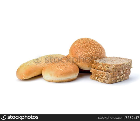 Bread loafs and buns variety isolated on white background