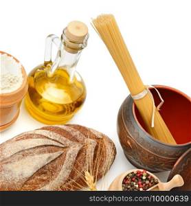 Bread, pasta, olive oil and spices isolated on a white background. Healthy food.