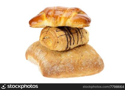 bread, roll with poppy seeds and roll with chocolate isolated on white