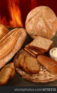 Bread still life with varied shapes and bakery fire